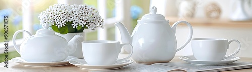 Elegant tea set with a cozy reading nook, relaxing afternoon tea break, serene leisure photo