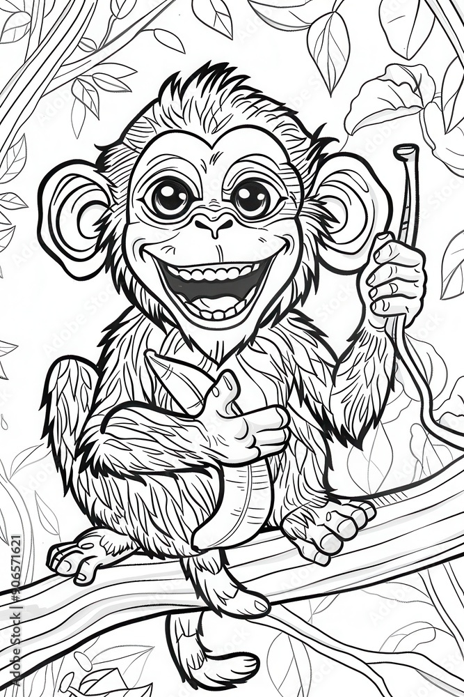 Fototapeta premium Cute cartoon character monkey and banana fruit for coloring page for children. Monochrome version