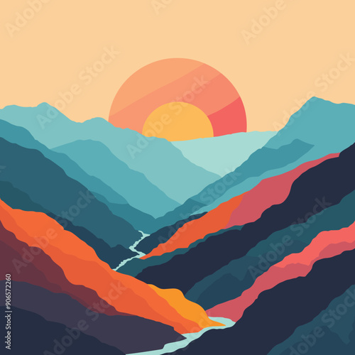 Stylized sunset over layered mountain range, calming serene nature landscape, orange blue hues dominate scenic view. Abstract geometric shapes form mountains, river flows through valleys, pastel