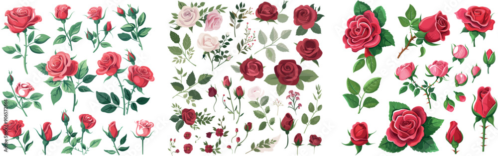 The flowers of red roses are arranged in bouquets with green leaves and buds. The flowers of red roses are arranged in bouquets with green leaves and buds.