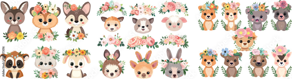 Fototapeta premium Cartoon animals avatars, wild and pets faces now a day modern stickers, featuring animal princesses in crowns and floral crowns.