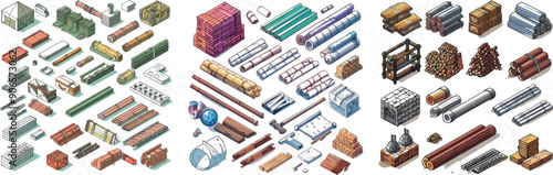 Building construction materials.  isometric icons. Iron construction materials, roof material, and construction supplies.