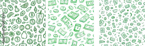 Modern seamless pattern of raining money. Falling sketch dollars background.