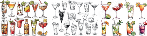 Cocktail hand drawn in a modern style. Sketches of drinking juice, margarita martini, rum and gin whiskey