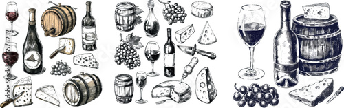 Graphite wine set. Grapes, wine bottles, wineglasses, barrel. Hand drawn modern vintage set of alcoholic beverages.
