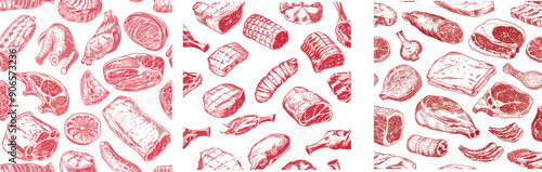 Seamless pattern of meat, steak, beef, pork, lamb and sausages drawn by hand.