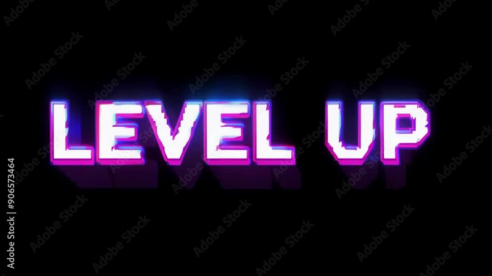 Retro animation of glowing text LEVEL UP with glitch effect on black background. 8 bit game screensaver. Game task complete award. Comic style computer letters. Game design, console screen concept Retro animation of glowing text LEVEL UP with glitch effect on black background. 8 bit game screensaver. Game task complete award. Comic style computer letters. Game design, console screen concept