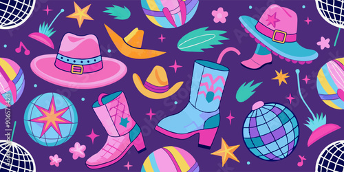 Pattern with cowboy hats, boots, disco balls, and stars on purple background. A seamless pattern featuring cowboy hats, cowboy boots, disco balls, and stars on a purple background. It embodies artisti photo