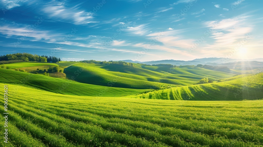 A picturesque landscape with rolling hills, a clear blue sky, and lush green fields, the scenery is peaceful and idyllic, capturing the beauty of nature in its purest form, perfect for outdoor and A picturesque landscape with rolling hills, a clear blue sky, and lush green fields, the scenery is peaceful and idyllic, capturing the beauty of nature in its purest form, perfect for outdoor and