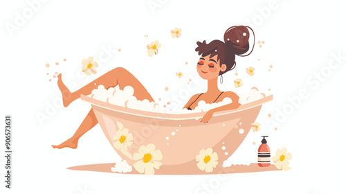 Happy Young Woman Relaxing in Bath Full of Foam. 