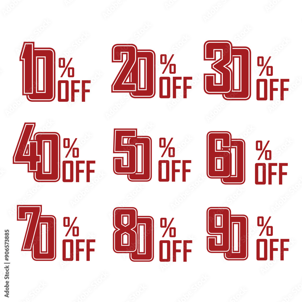 A set of flat red numbers at a discount. Collection of discount tags. 10%, 20%, 30%, 40%, 50%, 60%, 70%, 80%, 90%, percentage - vector illustration. A set of flat red numbers at a discount. Collection of discount tags. 10%, 20%, 30%, 40%, 50%, 60%, 70%, 80%, 90%, percentage - vector illustration.