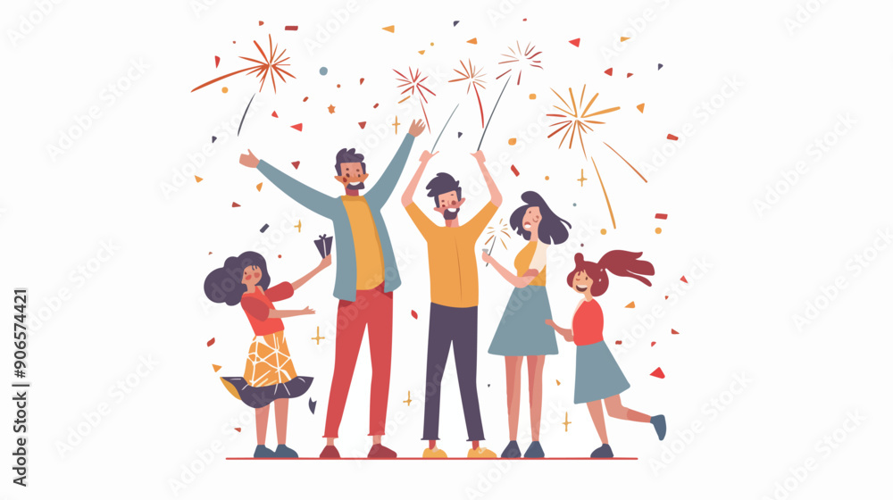 Happy Family Characters Enjoying Holidays Fireworks Happy Family Characters Enjoying Holidays Fireworks