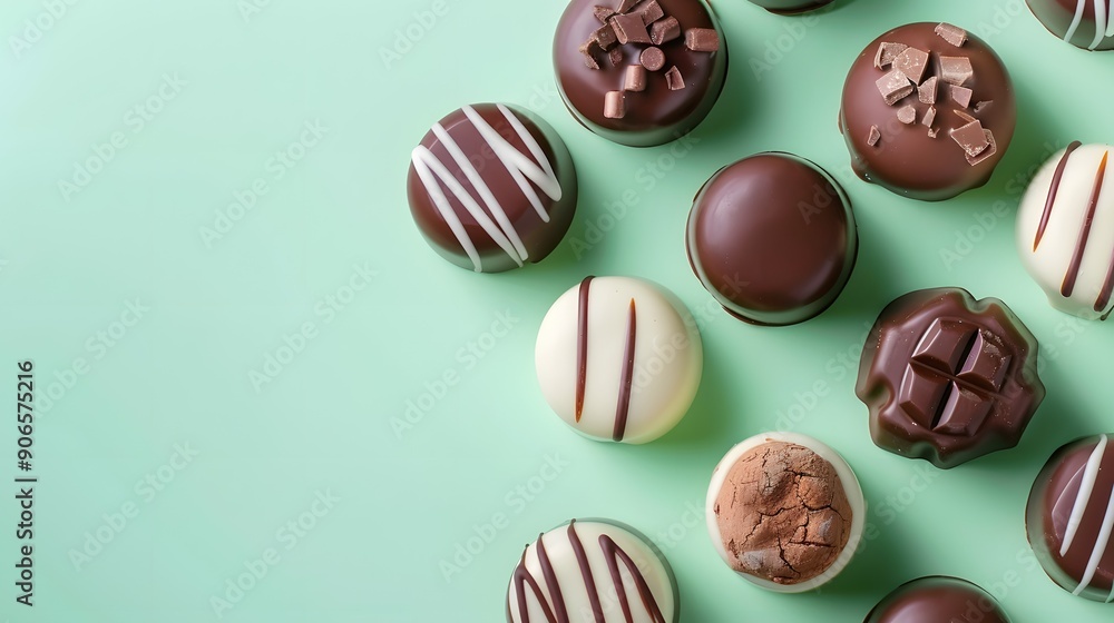 International Chocolate Day. Turquoise background with round candies of different tastes. Place for text International Chocolate Day. Turquoise background with round candies of different tastes. Place for text
