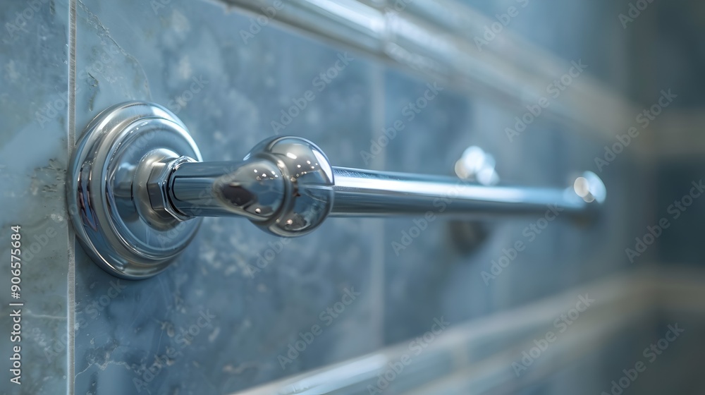 Chrome Grab Bar on Blue Tile Wall. Chrome Grab Bar on Blue Tile Wall.