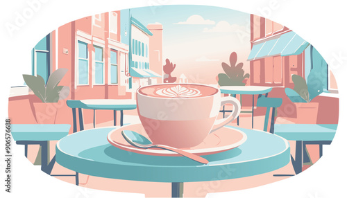Illustrazione vettoriale di una tazzina di caffè su un tavolo in un caffè, con colori pastello che creano un'atmosfera elegante e rilassante, ideale per la colazione.