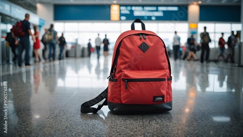 Red Backpack on Floor in Airport Terminal with Blurry Background