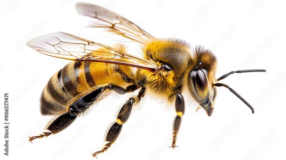 Individual honey bee suspended in mid-air, isolated on a pristine white background, showcasing its delicate wings and body Individual honey bee suspended in mid-air, isolated on a pristine white background, showcasing its delicate wings and body