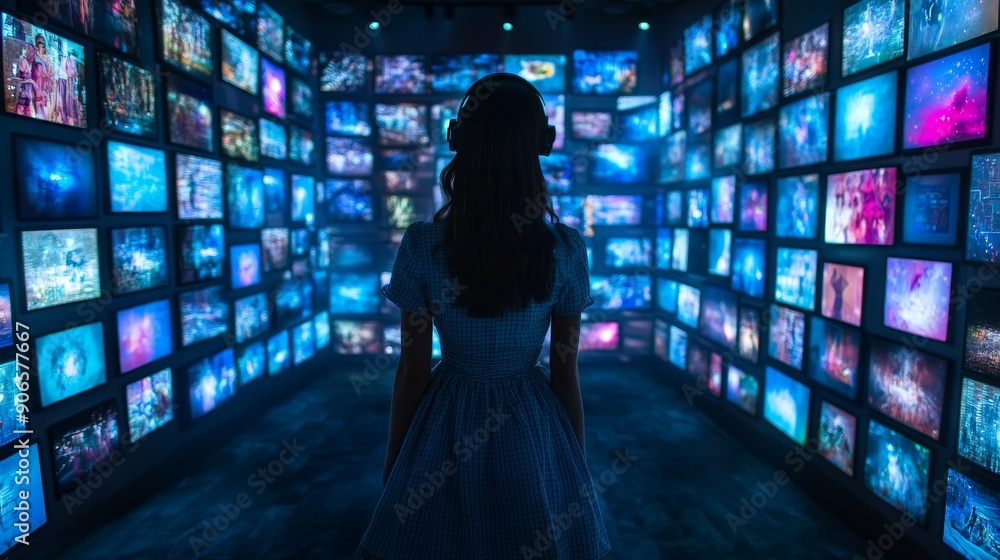An individual stands staring at an array of images displayed on a video wall while contemplating multimedia exploration An individual stands staring at an array of images displayed on a video wall while contemplating multimedia exploration