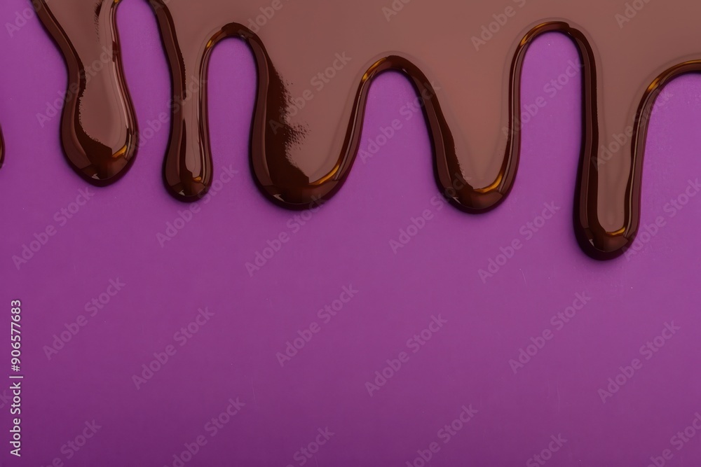 Glossy chocolate dripping down a vibrant purple background, showcasing a contrast of colors and textures. Glossy chocolate dripping down a vibrant purple background, showcasing a contrast of colors and textures.