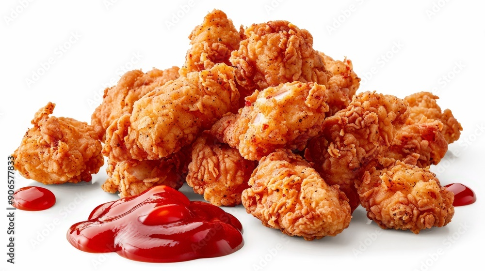 Pile of crispy fried chicken pieces coated in batter, each dipped in ketchup, separated on a clean white background Pile of crispy fried chicken pieces coated in batter, each dipped in ketchup, separated on a clean white background