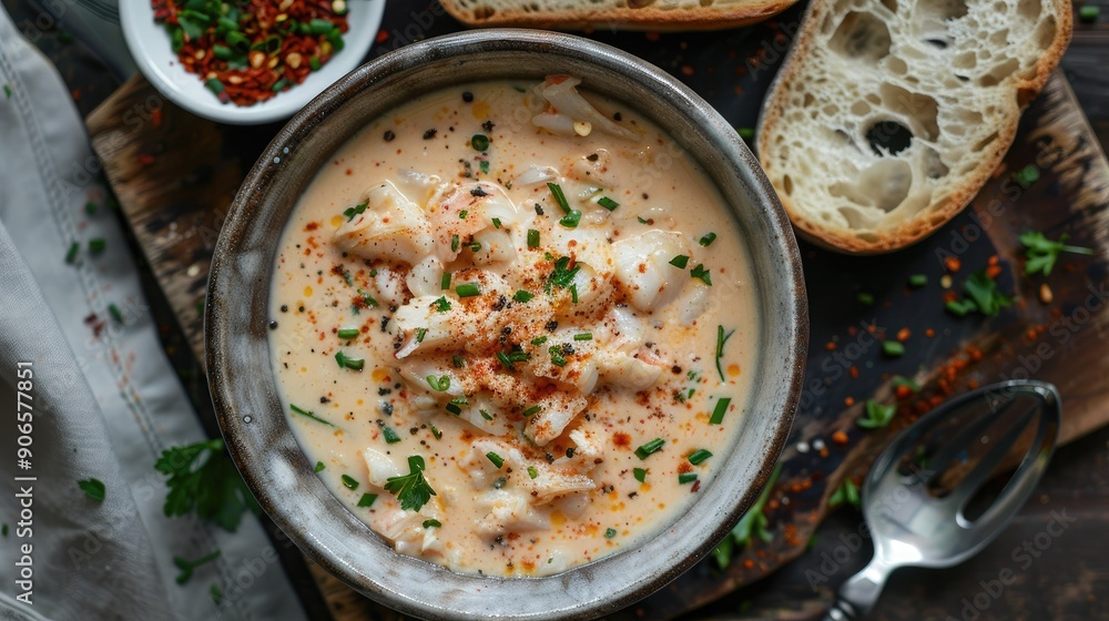 Top view of a bowl of creamy crab bisque, garnished with a sprinkle of paprika and served with a side of crusty bread. Top view of a bowl of creamy crab bisque, garnished with a sprinkle of paprika and served with a side of crusty bread.
