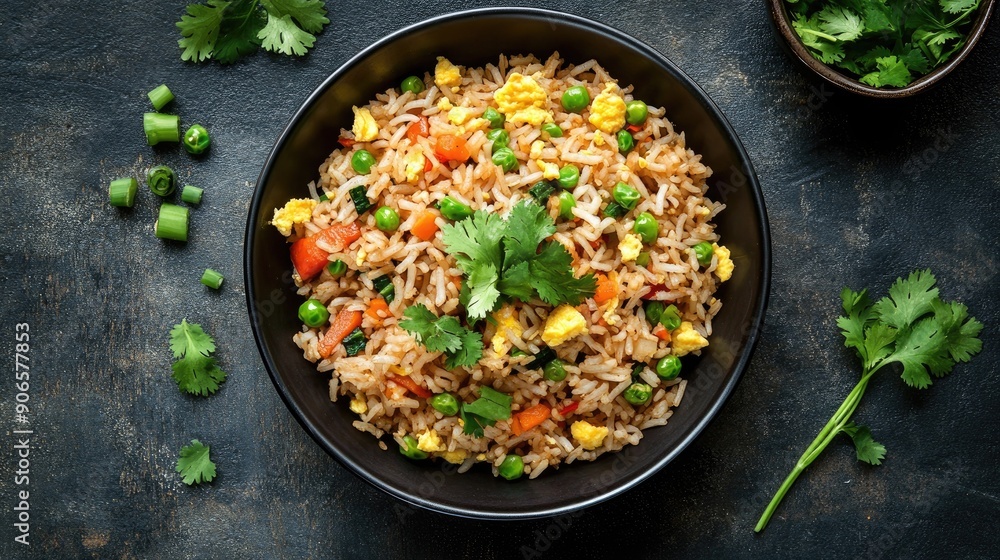 Top view of a bowl of classic fried rice with mixed vegetables, scrambled eggs, and green onions, garnished with fresh cilantro. Top view of a bowl of classic fried rice with mixed vegetables, scrambled eggs, and green onions, garnished with fresh cilantro.