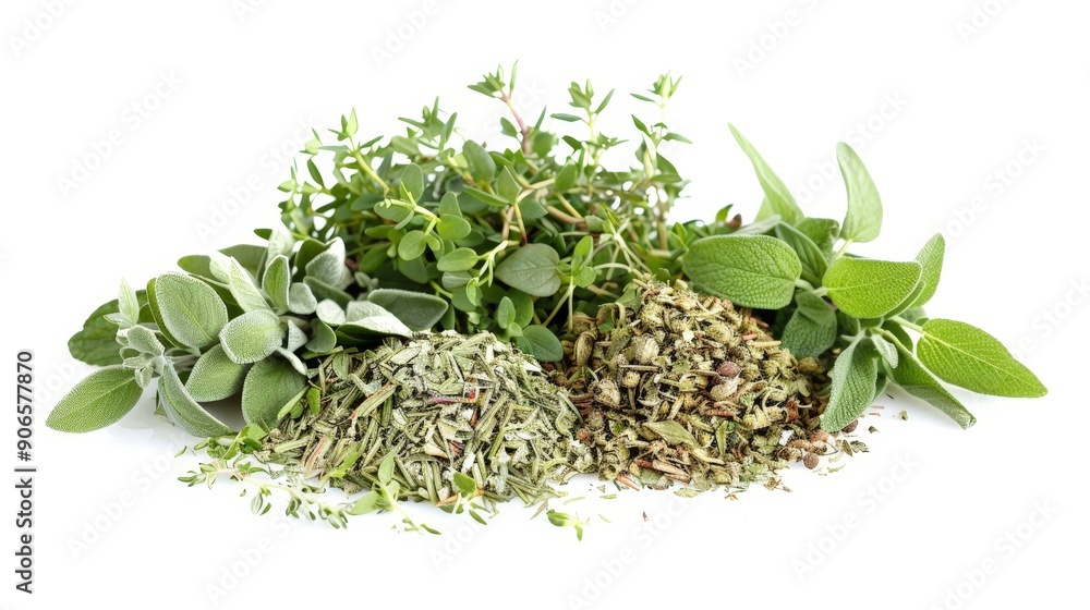 Pile of mixed dried herbs such as thyme, oregano, and sage, placed alone on a pristine white background, showcasing their texture and aroma Pile of mixed dried herbs such as thyme, oregano, and sage, placed alone on a pristine white background, showcasing their texture and aroma