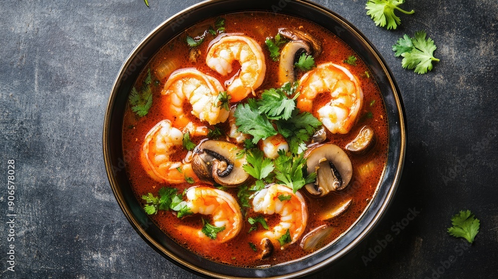 Top view of a bowl of spicy prawn soup, featuring juicy prawns, mushrooms, and a spicy broth, topped with fresh cilantro. Top view of a bowl of spicy prawn soup, featuring juicy prawns, mushrooms, and a spicy broth, topped with fresh cilantro.