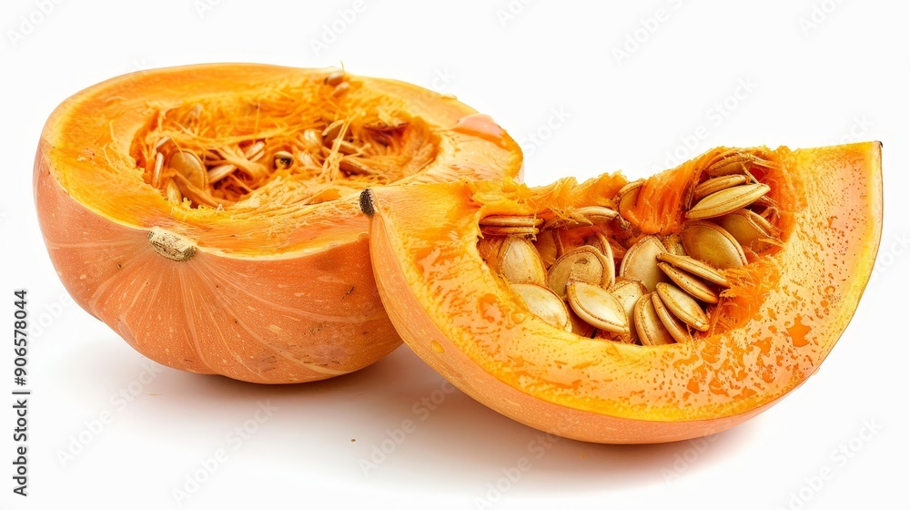 Halved pumpkin showing detailed texture of seeds and flesh, isolated on a pristine white background Halved pumpkin showing detailed texture of seeds and flesh, isolated on a pristine white background