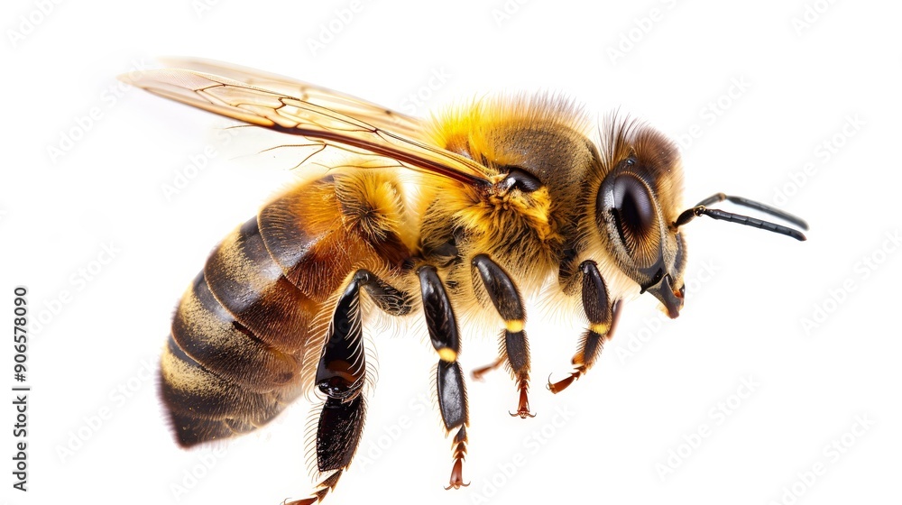 Honey bee in mid-flight, isolated on a clean white background, capturing its wings and detailed features Honey bee in mid-flight, isolated on a clean white background, capturing its wings and detailed features