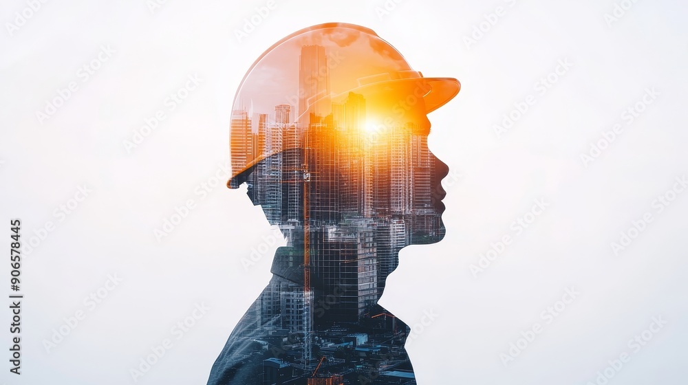Detailed portrait of a construction worker with a safety helmet looking at a city building under construction on a white background with copy space Detailed portrait of a construction worker with a safety helmet looking at a city building under construction on a white background with copy space