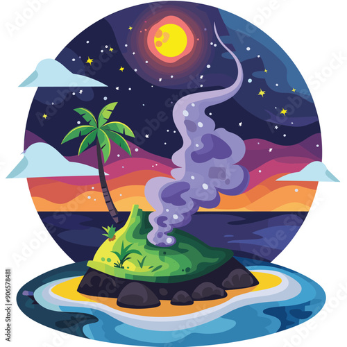 Volcanic island eruption night, vivid colors sky, moon, stars. Tropical volcano landscape, smoke plume, palm tree, ocean waves. Isolated white background picturesque nature scene, round format