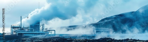 Earthsourced steam at geothermal plant, renewable energy, side view, advanced green tech, advanced tone, Monochromatic Color Scheme, copy space for text photo