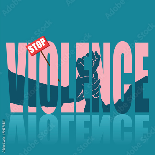 Stop violence poster. Vector poster on a social theme. Word violence on blue background with reflection.