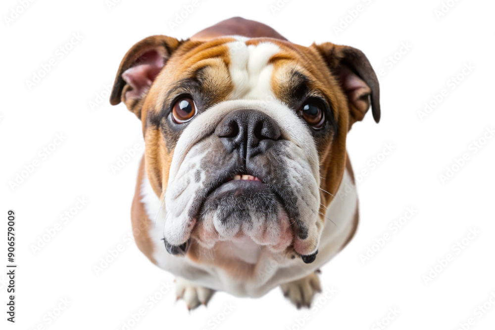 Top view Bulldog anxiously looking up isolated on white background. Generative AI. Top view Bulldog anxiously looking up isolated on white background. Generative AI.