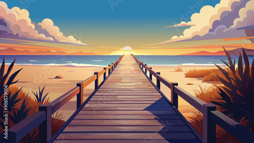  Long boardwalk leading to the white sand beach and ocean water at sunset with few shrubs on sides vector art illustration