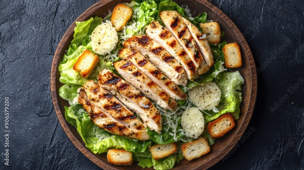 Top view of a grilled chicken Caesar salad with romaine lettuce, croutons, and Parmesan cheese, topped with grilled chicken slices. Top view of a grilled chicken Caesar salad with romaine lettuce, croutons, and Parmesan cheese, topped with grilled chicken slices.