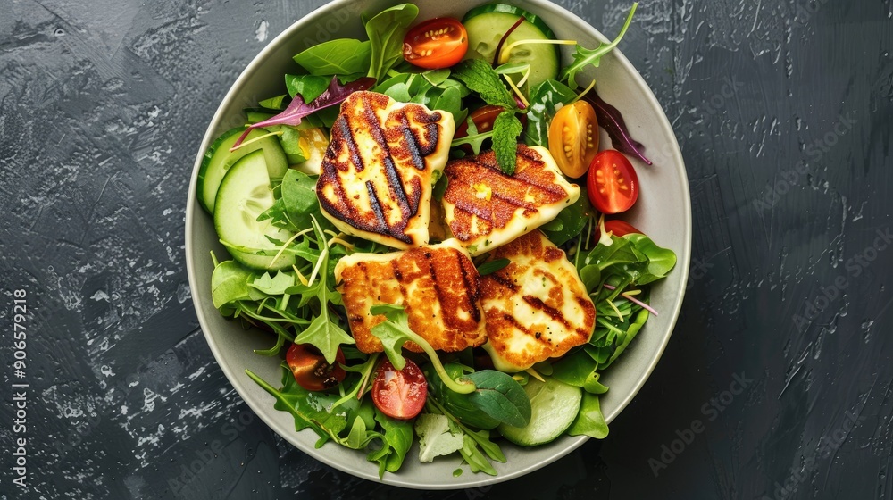 Top view of a grilled halloumi salad with mixed greens, cherry tomatoes, cucumber, and a lemon mint dressing. Top view of a grilled halloumi salad with mixed greens, cherry tomatoes, cucumber, and a lemon mint dressing.