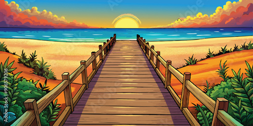  Long boardwalk leading to the white sand beach and ocean water at sunset with few shrubs on sides vector art illustration