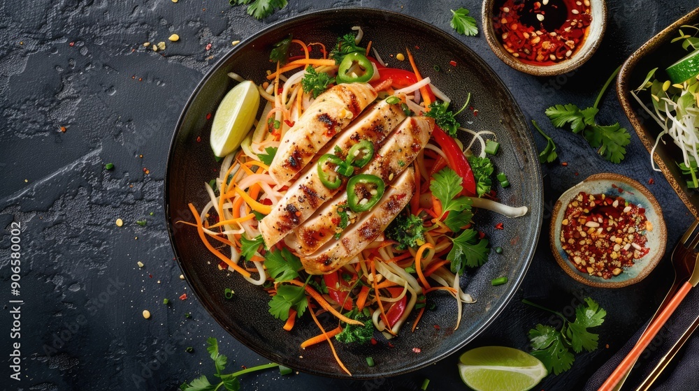 Top view of a papaya salad with fish sauce and lime, accompanied by perfectly grilled chicken fillets. Top view of a papaya salad with fish sauce and lime, accompanied by perfectly grilled chicken fillets.