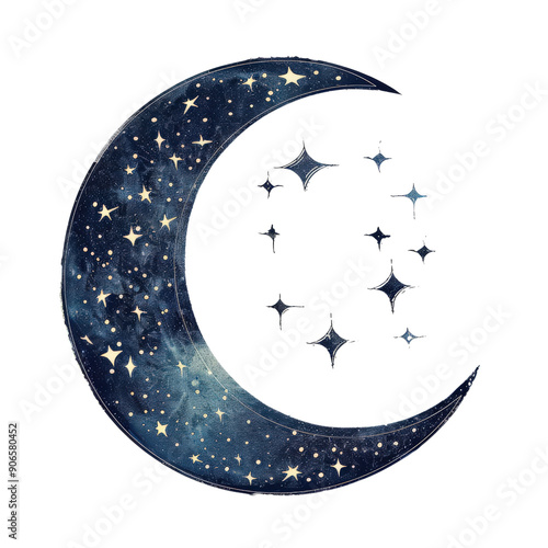 Artistic crescent moon with stars illustration, ideal for dream-themed designs, nighttime scenes, or celestial-themed projects.