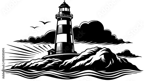 Elegant Lighthouse Silhouette Illustrations: Perfect for Seaside Deco
