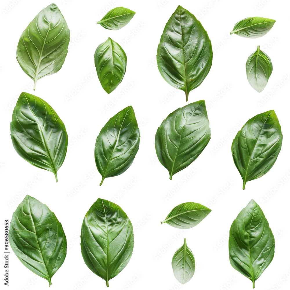 Collection of fresh, green basil leaves isolated on white background, perfect for culinary and botanical use. Collection of fresh, green basil leaves isolated on white background, perfect for culinary and botanical use.