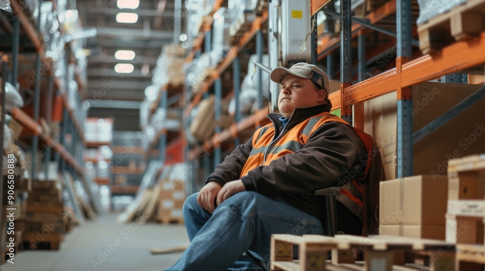 Warehouse worker with Down syndrome in reflective vest sitting on floor amidst tall shelves of stock products and boxes. Concepts of manual labor,inclusivity and supportive of the workplace. Warehouse worker with Down syndrome in reflective vest sitting on floor amidst tall shelves of stock products and boxes. Concepts of manual labor,inclusivity and supportive of the workplace.