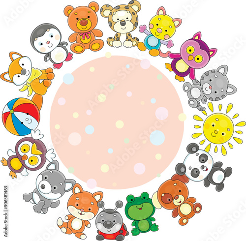 Round colorful background with a set of funny baby animals drawn in a cartoon style, outlined vector illustrations on white