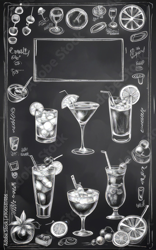 vertical signage of the cocktail menu on the chalkboard in the restaurant with copy space