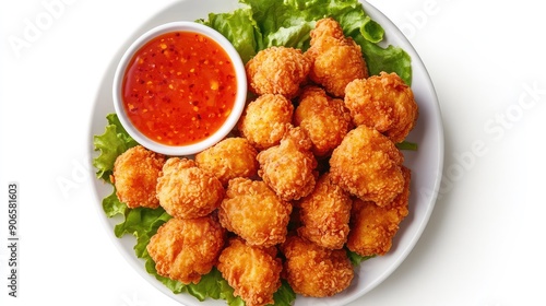 Top view of a platter of boneless fried chicken bites served with a side of sweet chili sauce for dipping.