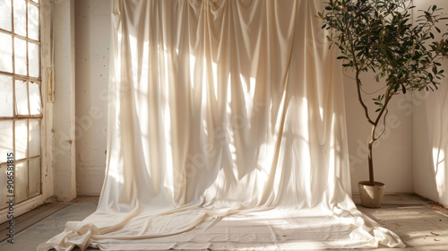 White cloth backdrop with sunlight and plant in a minimalist roo