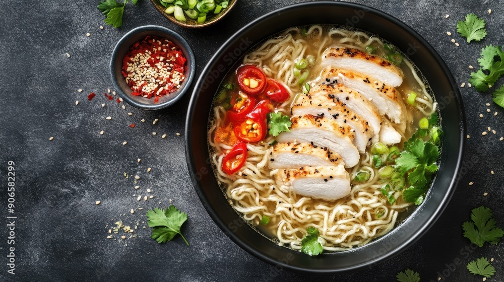 Top view of a ramen bowl with a clear broth, thin noodles, and toppings like chicken slices and fresh herbs. Top view of a ramen bowl with a clear broth, thin noodles, and toppings like chicken slices and fresh herbs.
