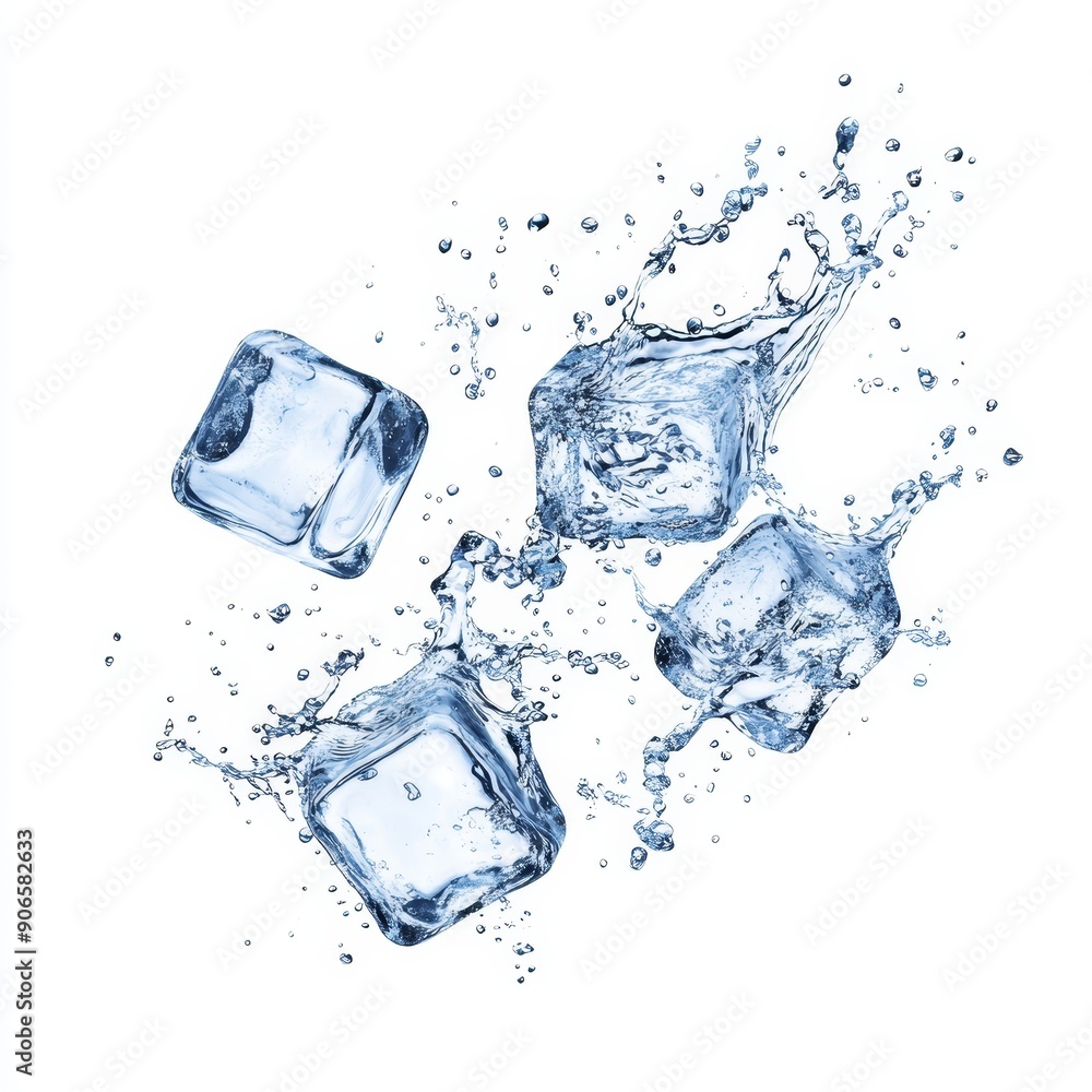 The falling ice cubes and splash are isolated on a white background The falling ice cubes and splash are isolated on a white background